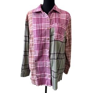 NEW BP. NORDSTROM Women's Pink Green Patchwork Plaid Flannel Shirt XS
